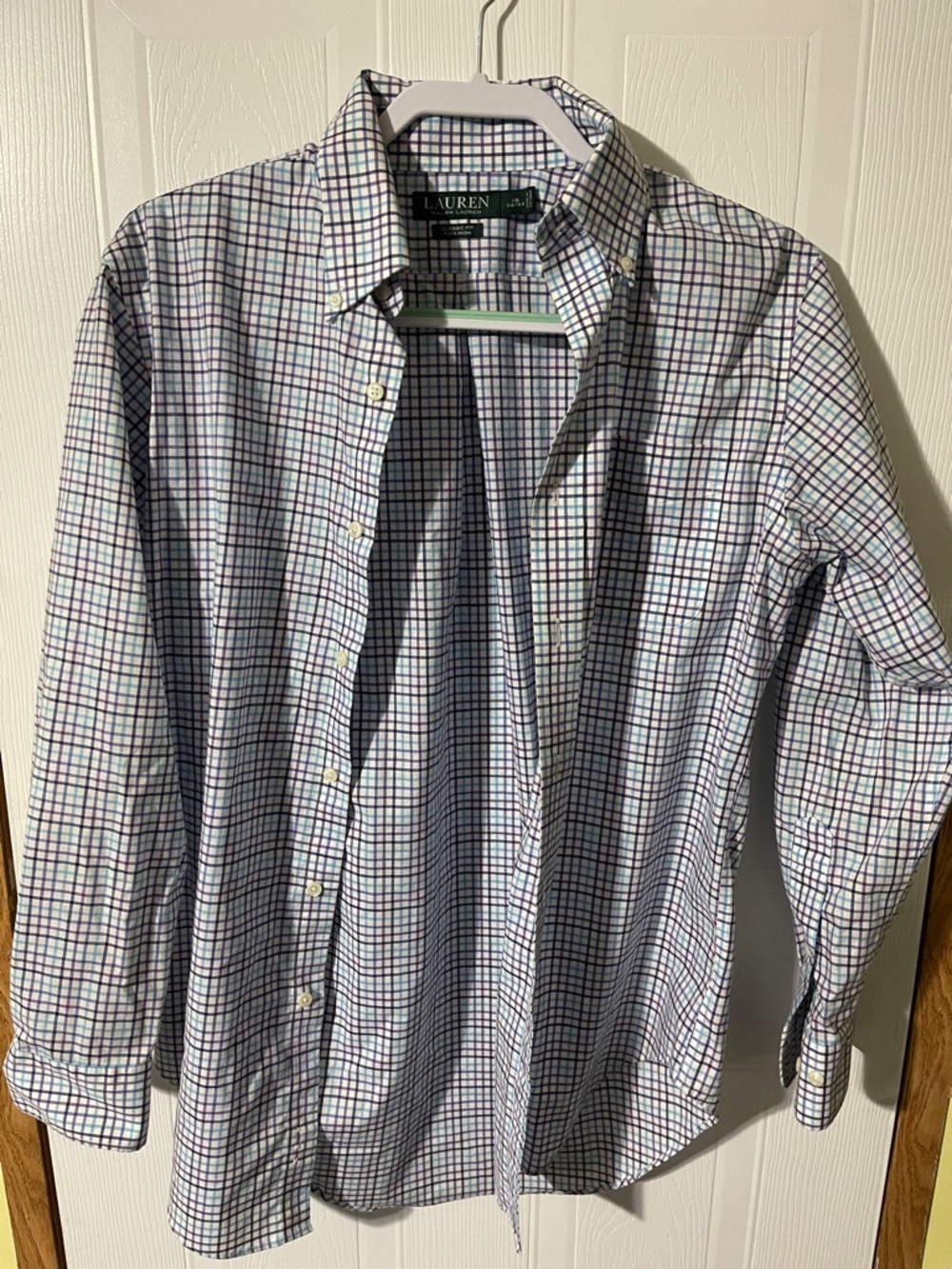 Lauren Ralph Lauren White Dress Shirt with Blue and Green Windowpane Check